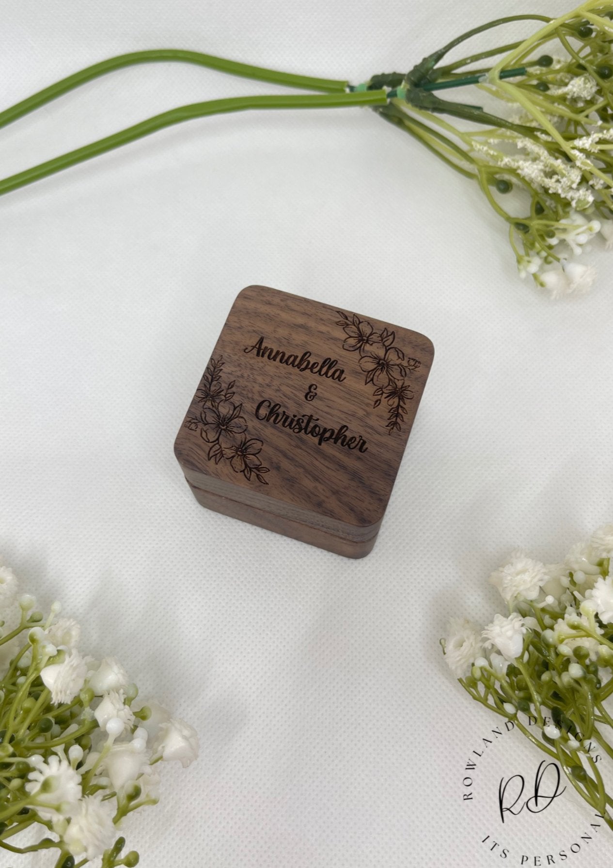 Personalised Double Slot Wooden Ring Box. Personalised with names