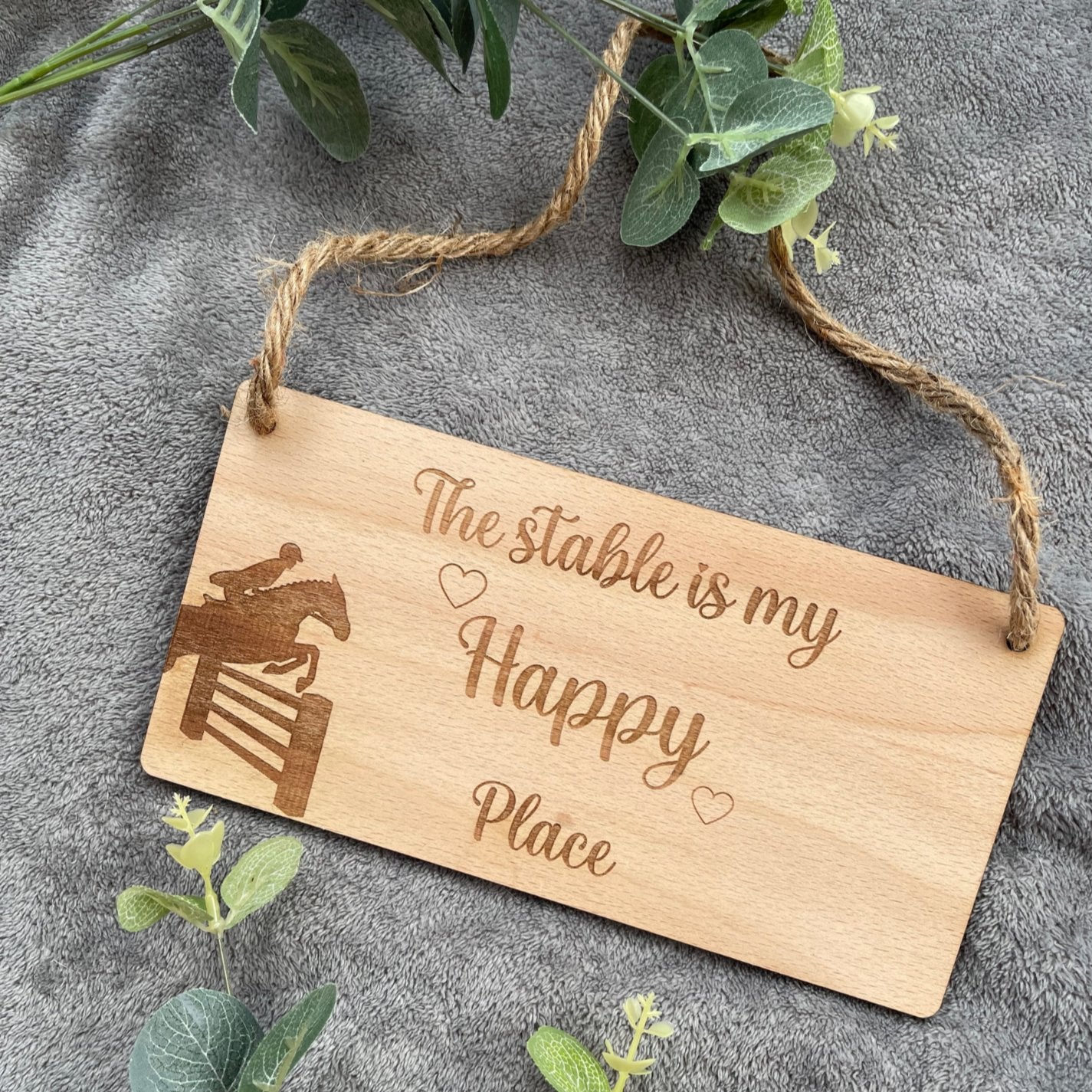Laser-Engraved Wooden Beech Veneer Sign with Pony and Jump Design, displaying the phrase 'The Stable Is My Happy Place.' Ideal equestrian decor for indoor spaces.