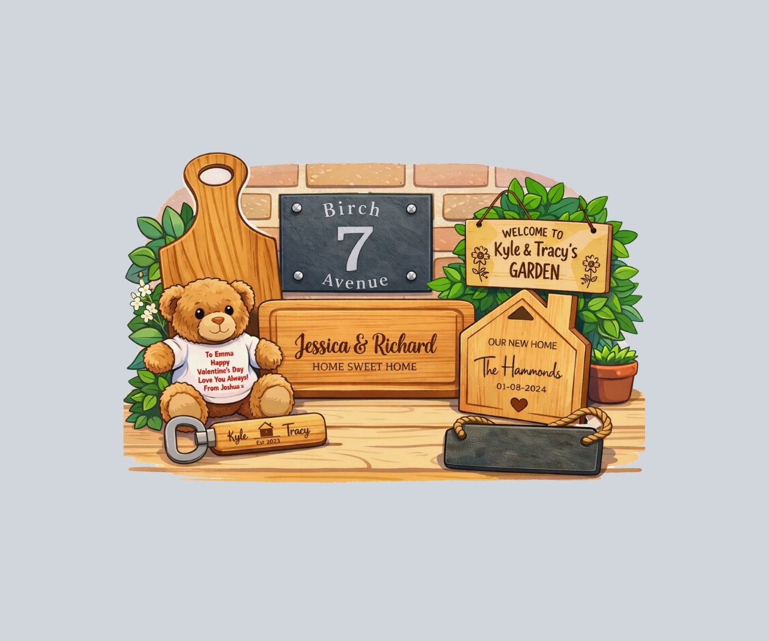 blog banner : Personalised housewarming gifts including engraved chopping boards, slate house sign, wooden bottle opener and teddy bear arranged in a cute illustrated scene