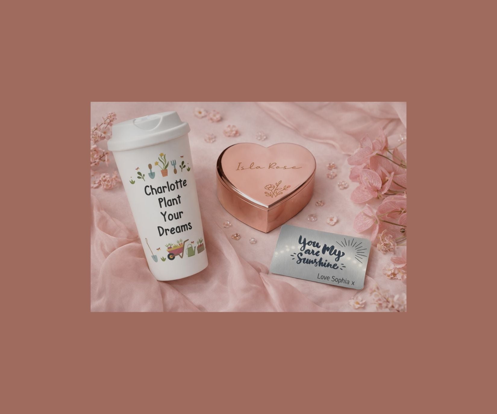 Blog Banner - Personalised gifts on a pink background, travel mug, trinket box and a wallet card insert