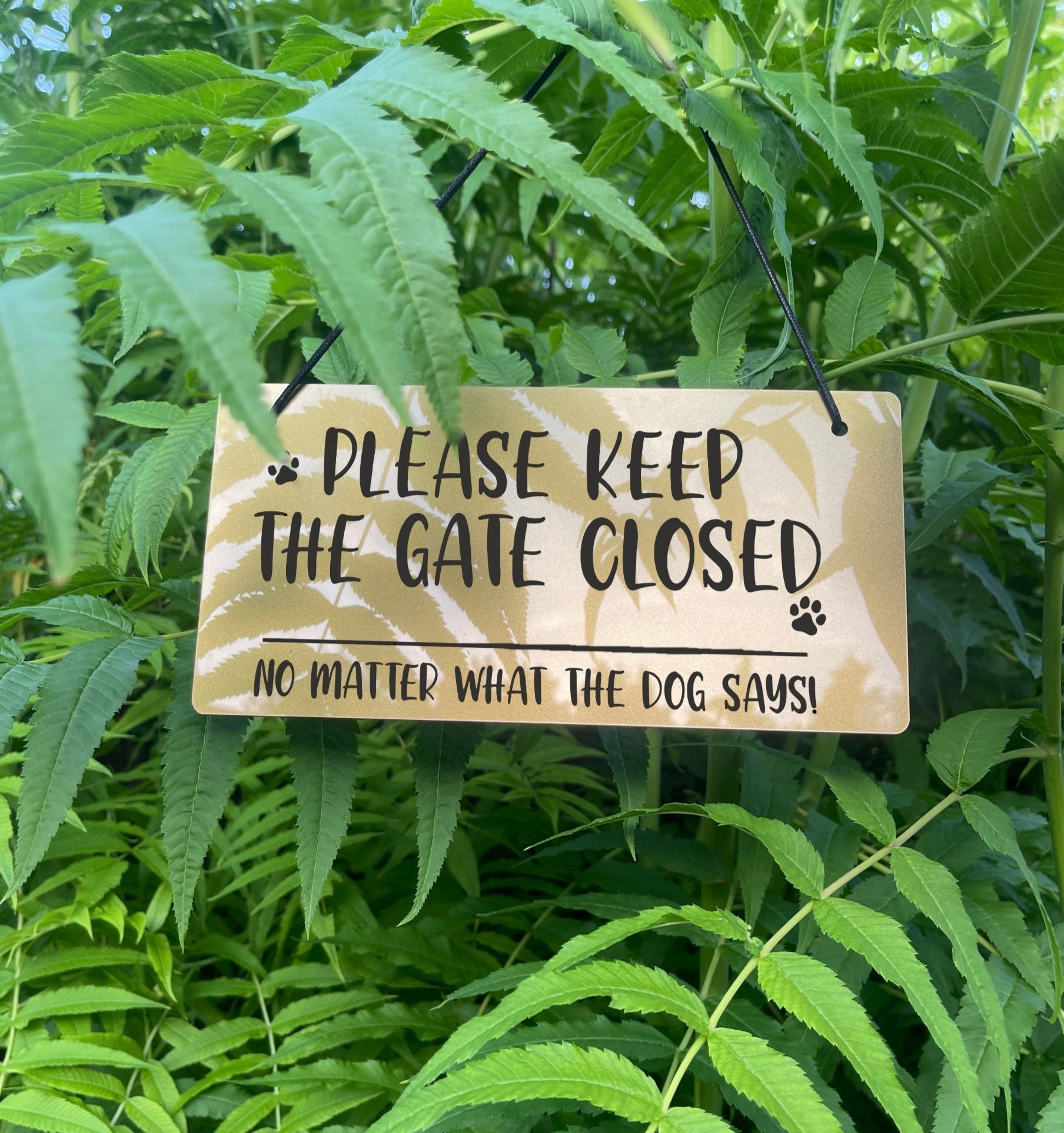 Laser-engraved acrylic sign with playful "Please Keep the Gate Closed, No Matter What the Dog Says" message, perfect for dog lovers' home or garden decor. Durable, weatherproof, and stylish in gold or silver finish, measuring 220x110mm.
