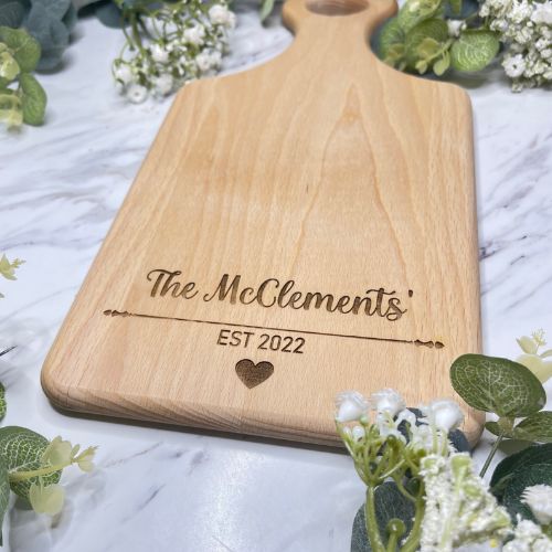 Wedding Chopping Boards engraved with the McClements est 2022 and a engraved heart 