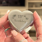 Close-up of 13th Birthday Butterflies Heart Trinket Box showing heart motif and text