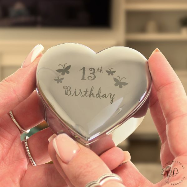 Close-up of 13th Birthday Butterflies Heart Trinket Box showing heart motif and text