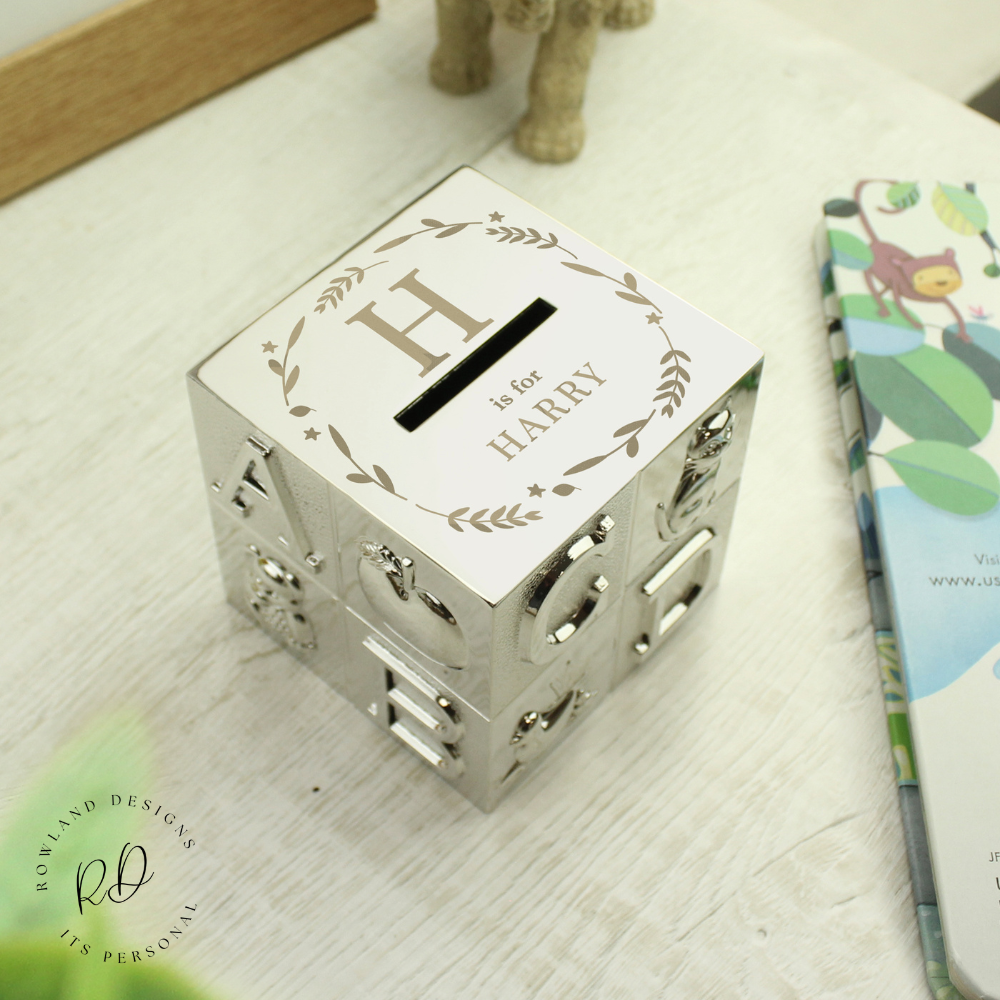 Keepsake Piggy Bank with ABC Block Design and Initial

