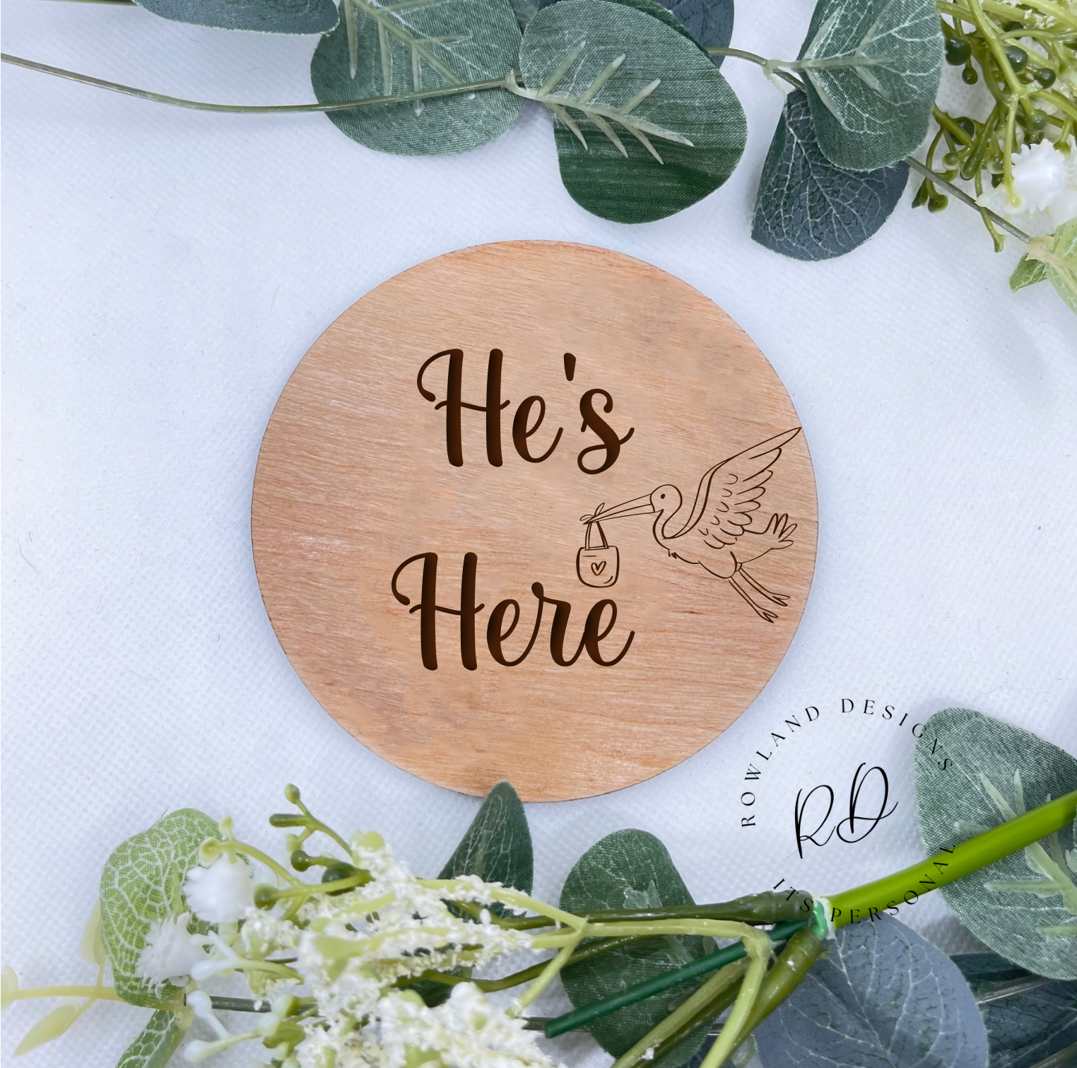 He’s Here Baby Announcement Plaque – Crafted from 4mm thick veneer or MDF, perfect for newborn baby boy announcements and nursery decor
