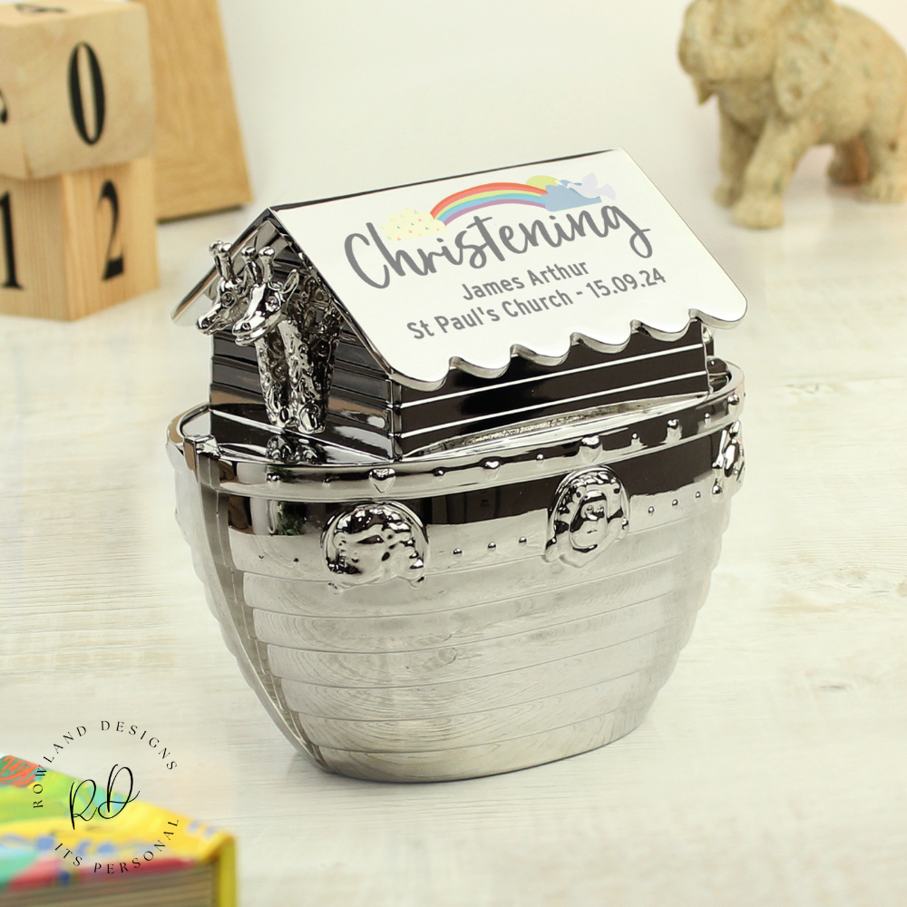 Personalised silver Christening money box for baby

