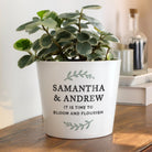 Potted plant with personalised message on a wooden surface