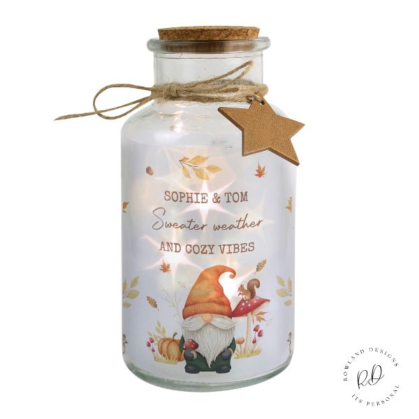 Custom Autumn Gonk LED Light Up Jar glowing with starry light effect – cosy autumn gift