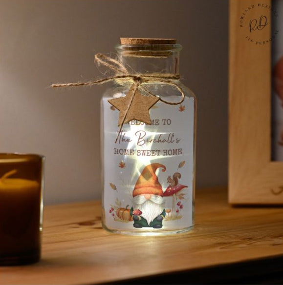 Personalised Autumn Gonk LED Light Up Jar with custom text – seasonal glass décor