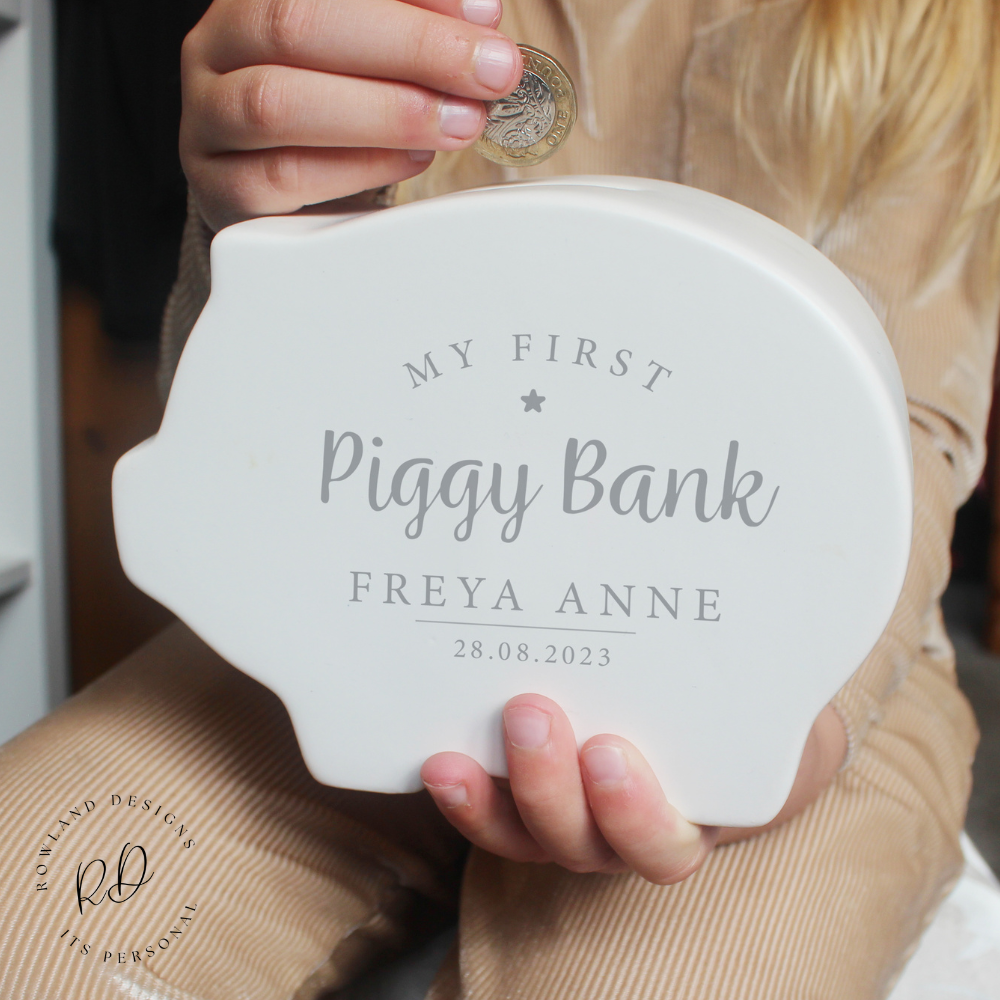 Ceramic Money Box with Custom Name and "My First Piggy Bank" Text

