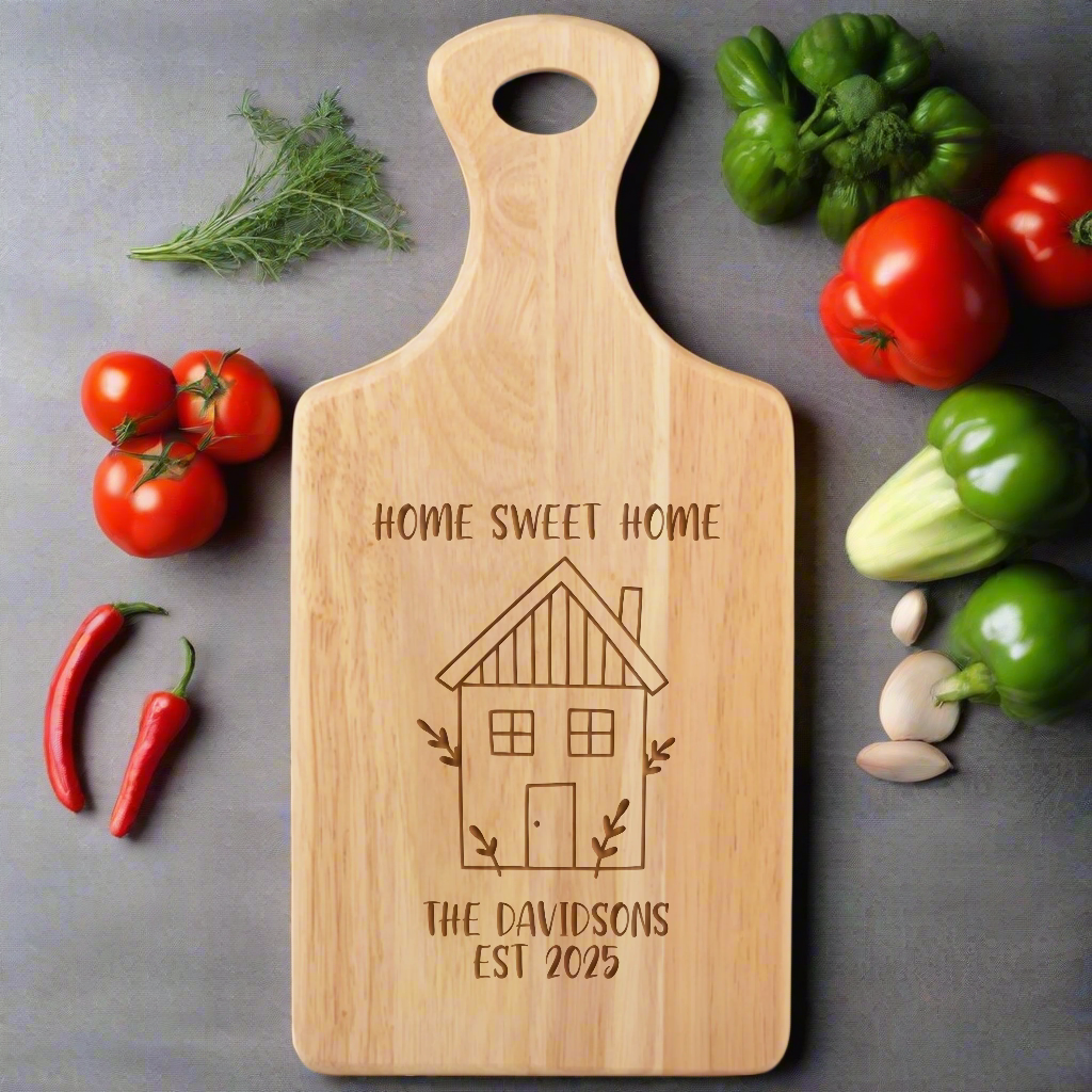 Custom wooden serving board featuring a Home Sweet Home design, perfect for gifting.