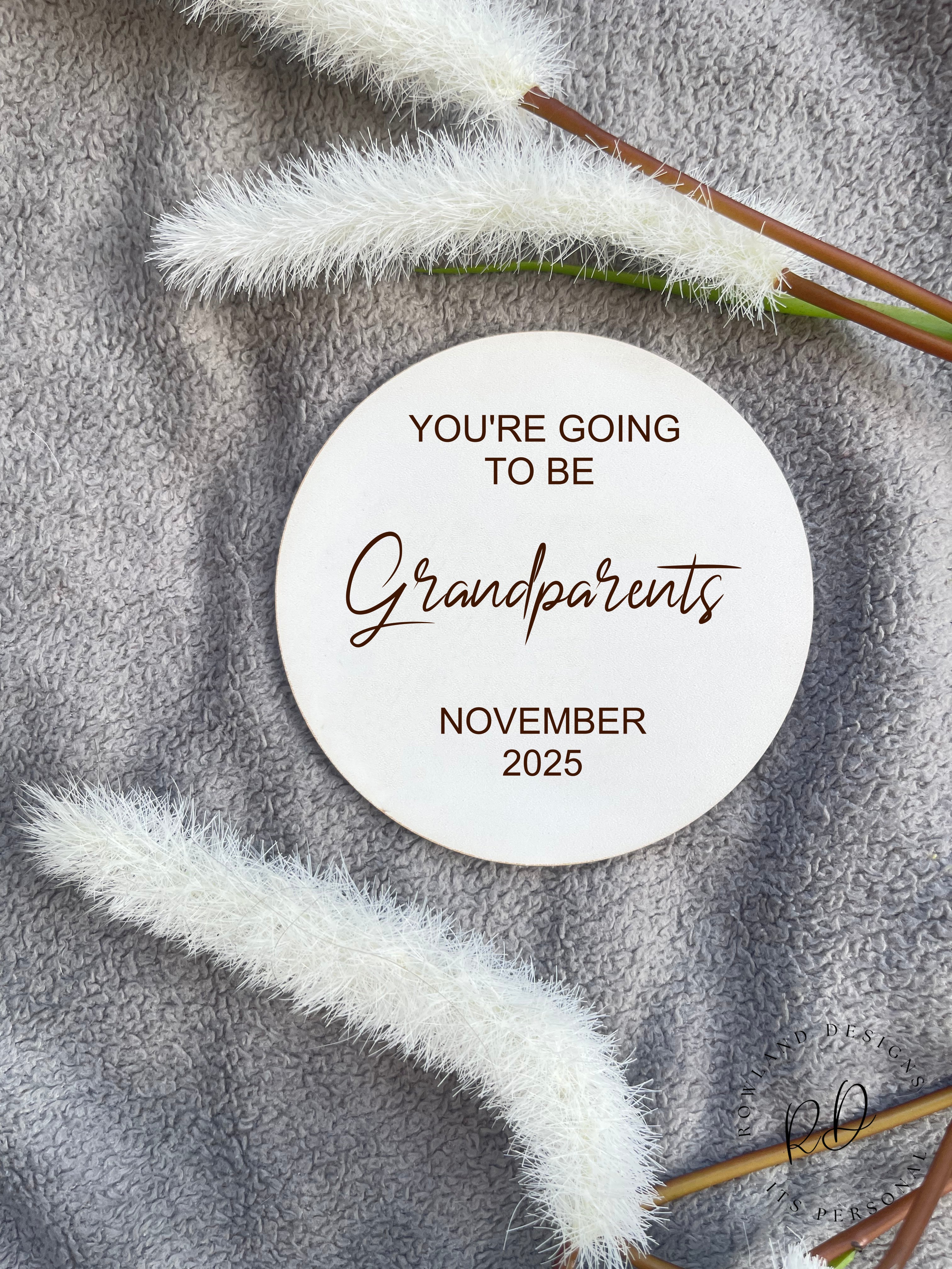 Custom White MDF Baby Announcement Plaque featuring engraved name and due date. A modern, minimalist newborn keepsake, ideal for baby showers and nursery decoration.