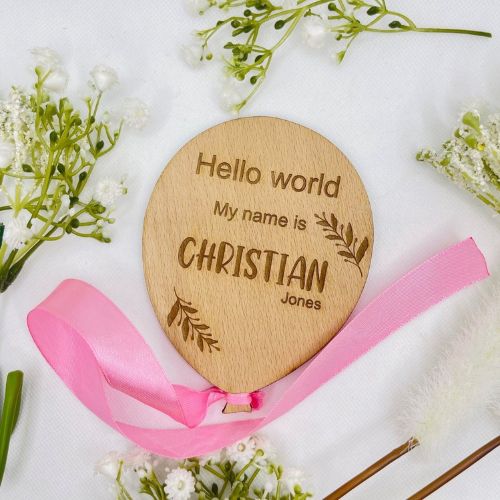 Personalised wooden baby announcement plaque- balloon shaped with name engraved 