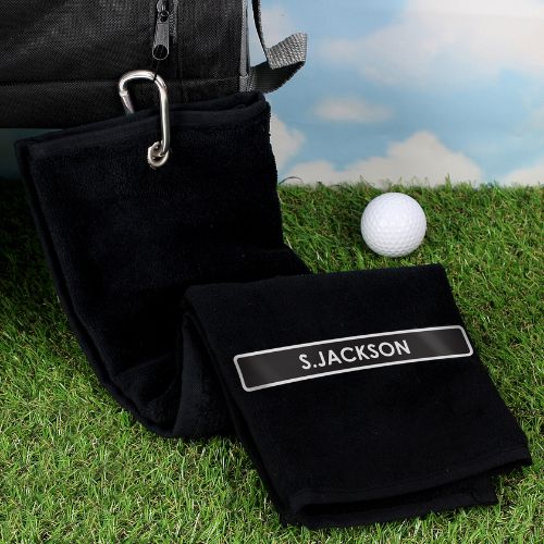 Personalised black golf towel with name in white 