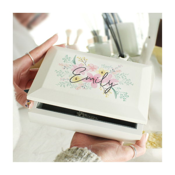 Custom jewellery box with Emily printed on with floral design 