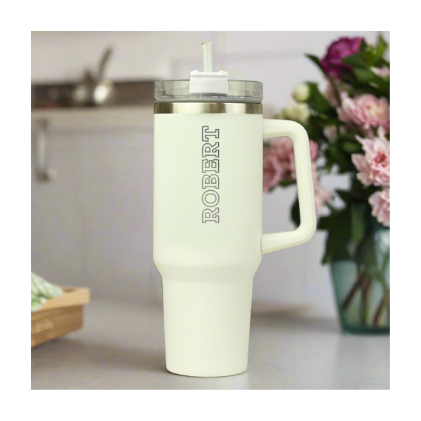 Personalised white stanley style travel cup, with engraved Robert name