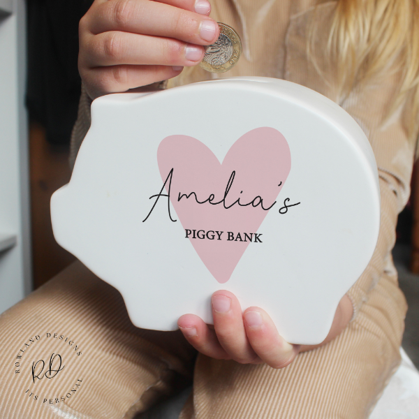 Personalised Pink Heart Penny Bank for Children

