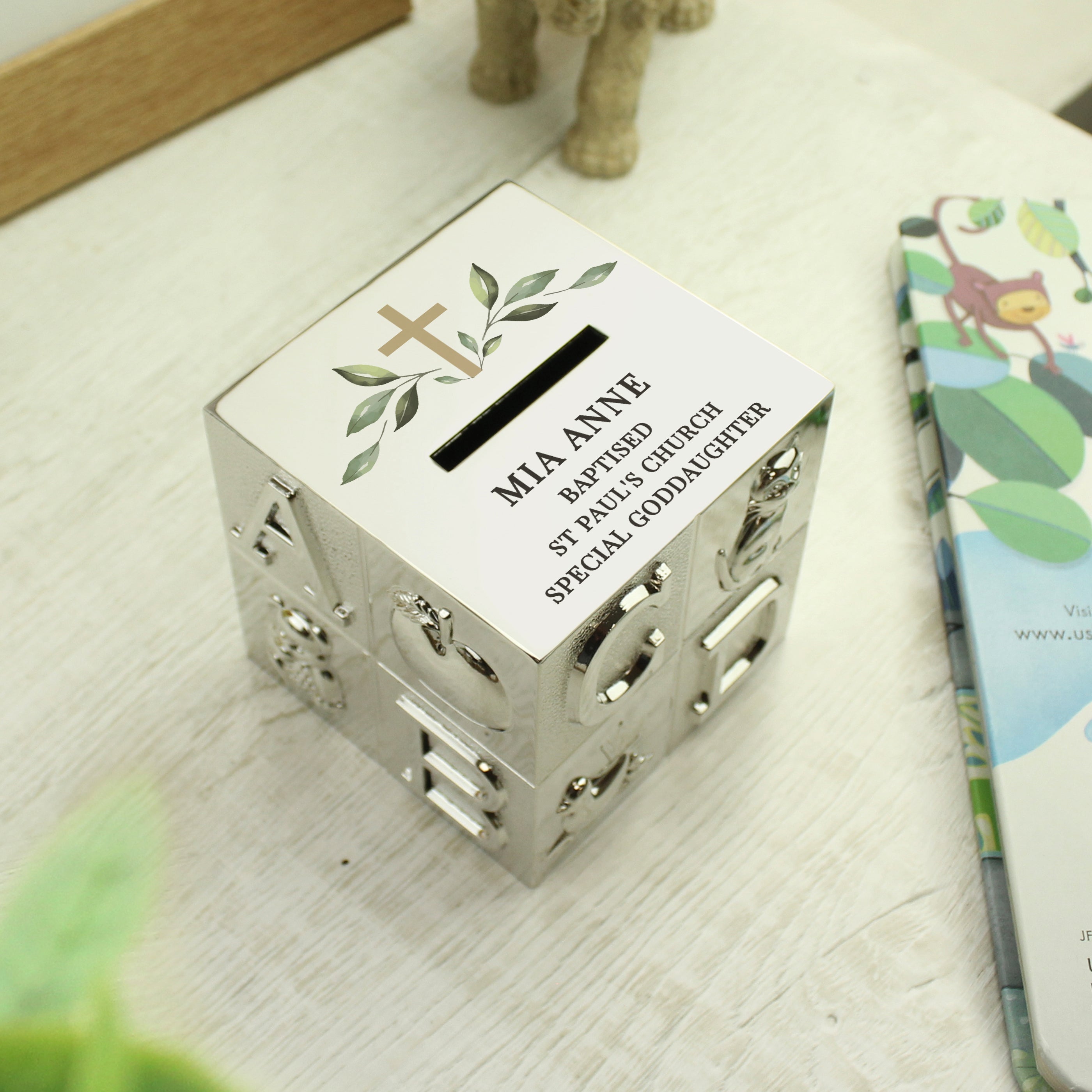 Personalised Religious Cross Piggy Bank with ABC Blocks

