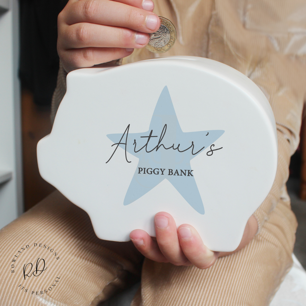 Unique Blue Star Piggy Bank with Personalised Name

