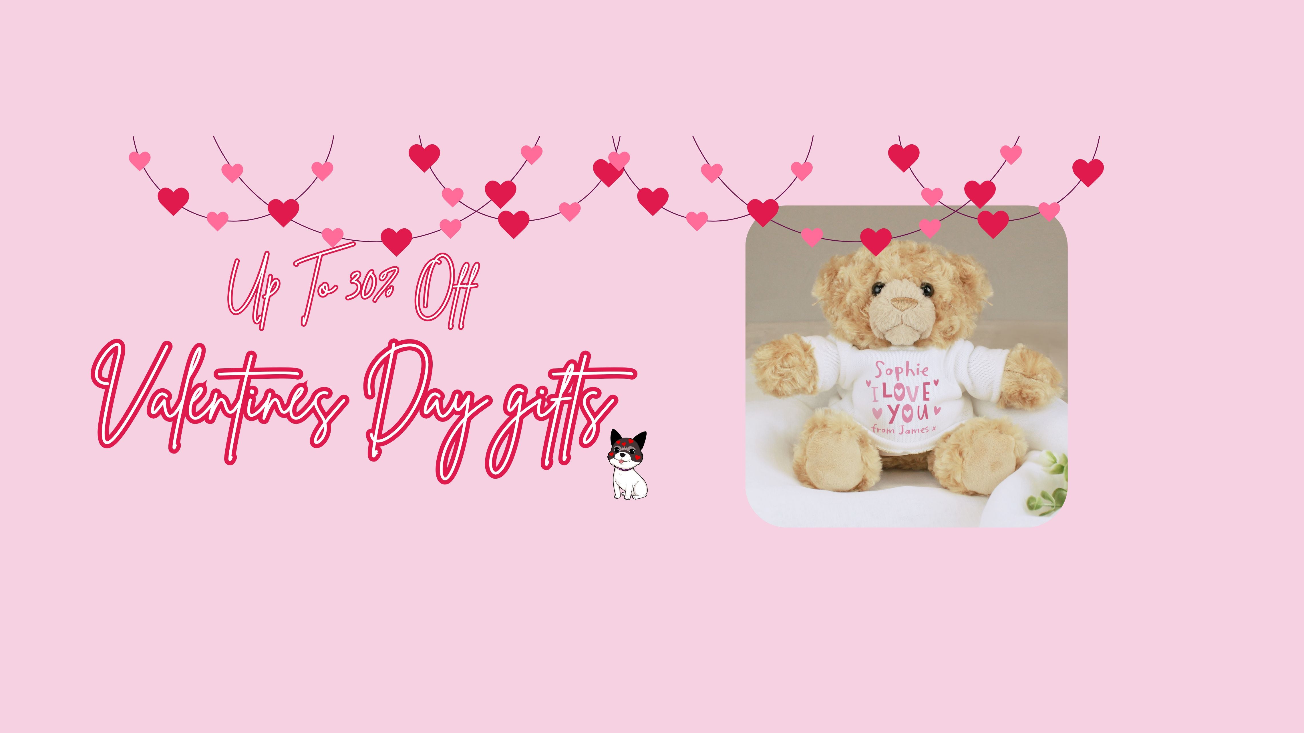 Valentines day gifts banner desktop image - with personalised teddy bear - i love you 