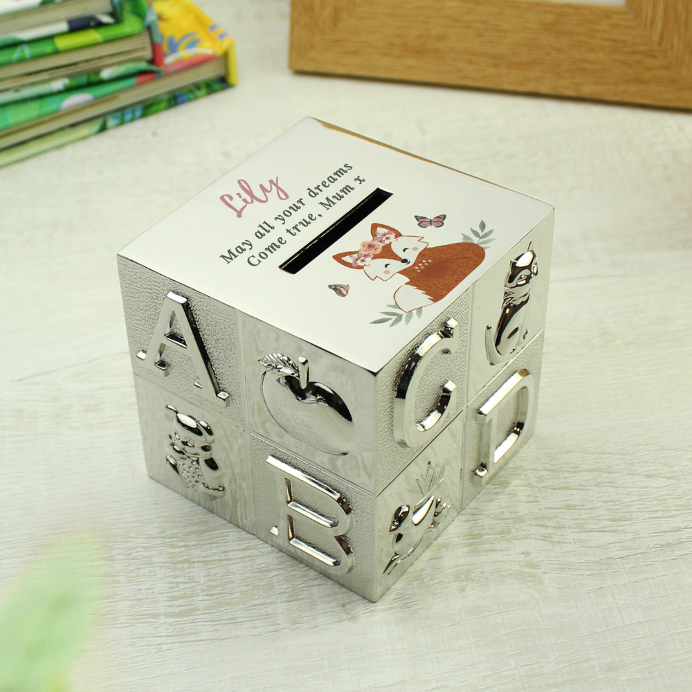 Unique Woodland Fox Piggy Bank with Personalised Text

