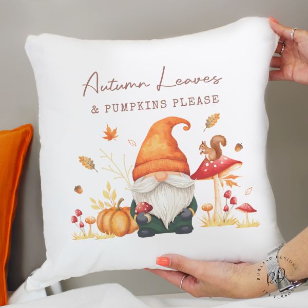 Personalised Autumn Gonk Cushion styled on sofa – cosy autumn home decoration