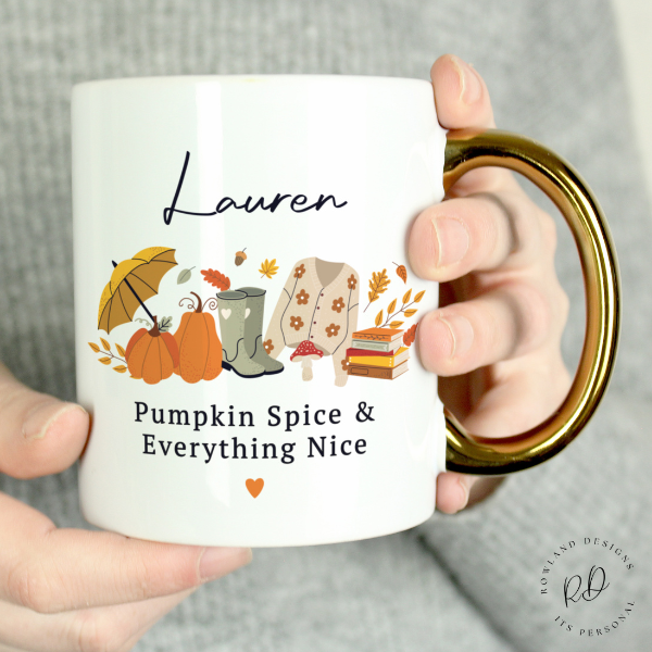 Autumn-themed personalised tea cup with elegant gold handle