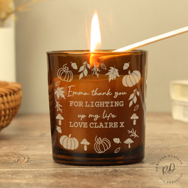 Autumn vanilla scented candle with personalised text in elegant script