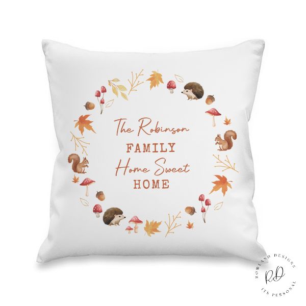 Personalised Autumn Cushion – Wreath Design.