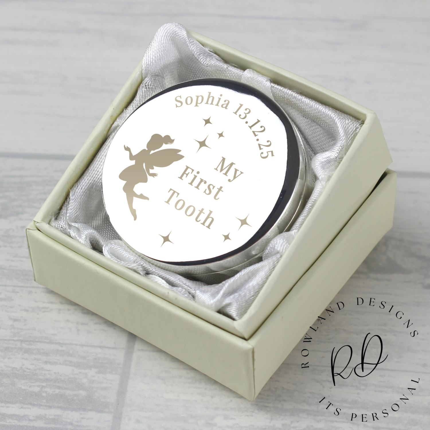 Personalised fairy tooth box gift for newborn or christening