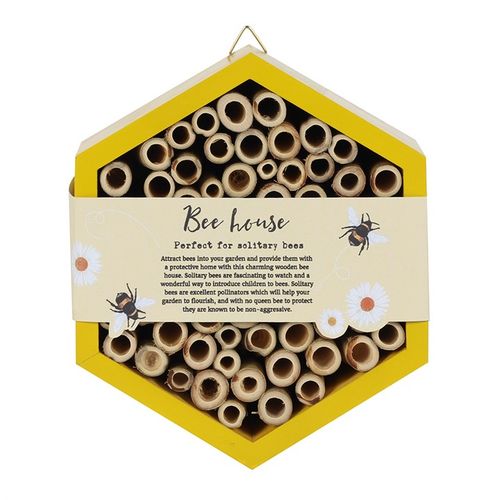 Front view of a wooden bee hotel designed for attracting solitary bees.