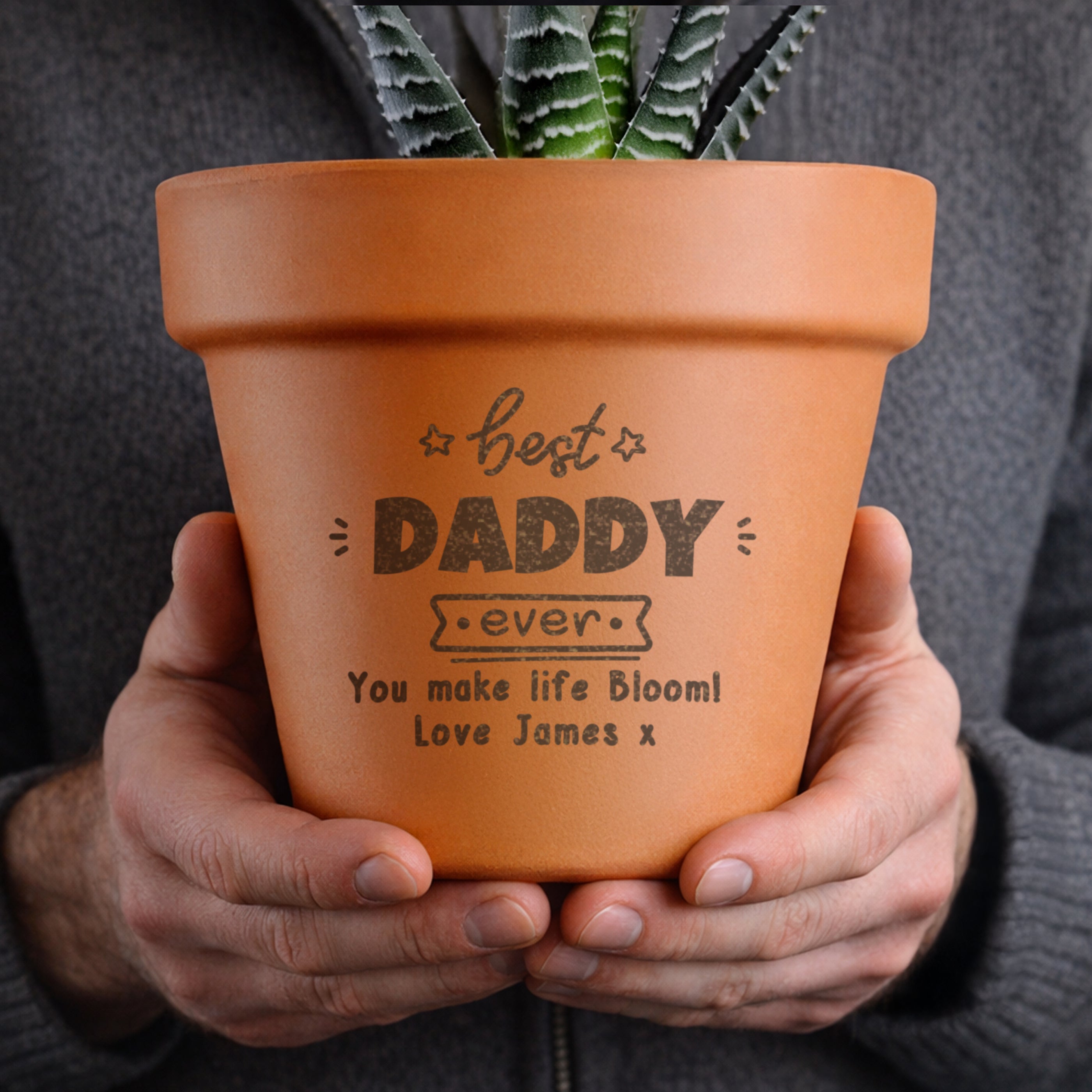 Personalised Best Ever Dad terracotta plant pot with custom engraved message