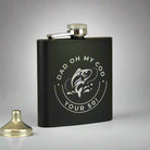 Close-up of the engraved text on the stainless steel fishing hip flask.
