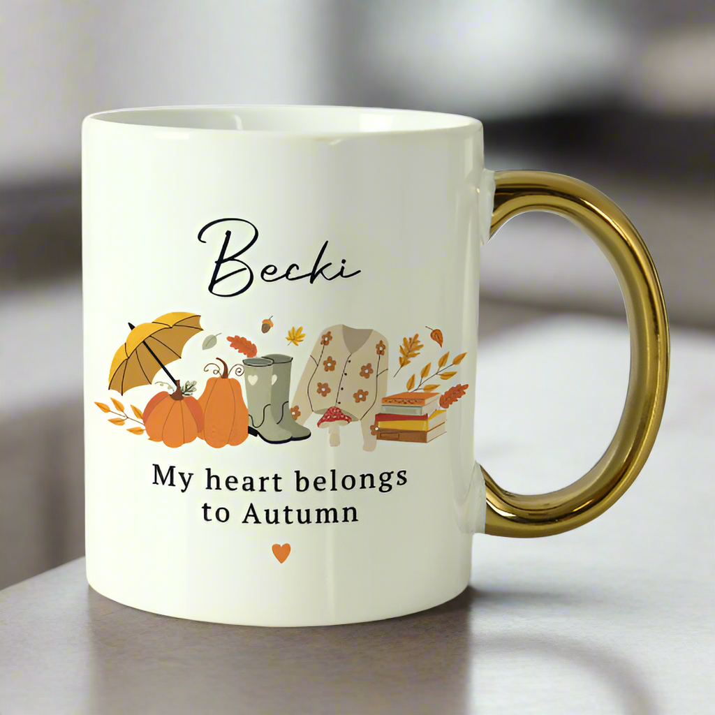 Cosy personalised autumn tea cup perfect for seasonal gift