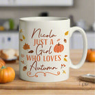 Cozy fall theme ceramic mug with personalised name and autumn message, perfect gift for autumn lovers