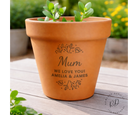 Custom engraved floral terracotta plant pot with personalised text