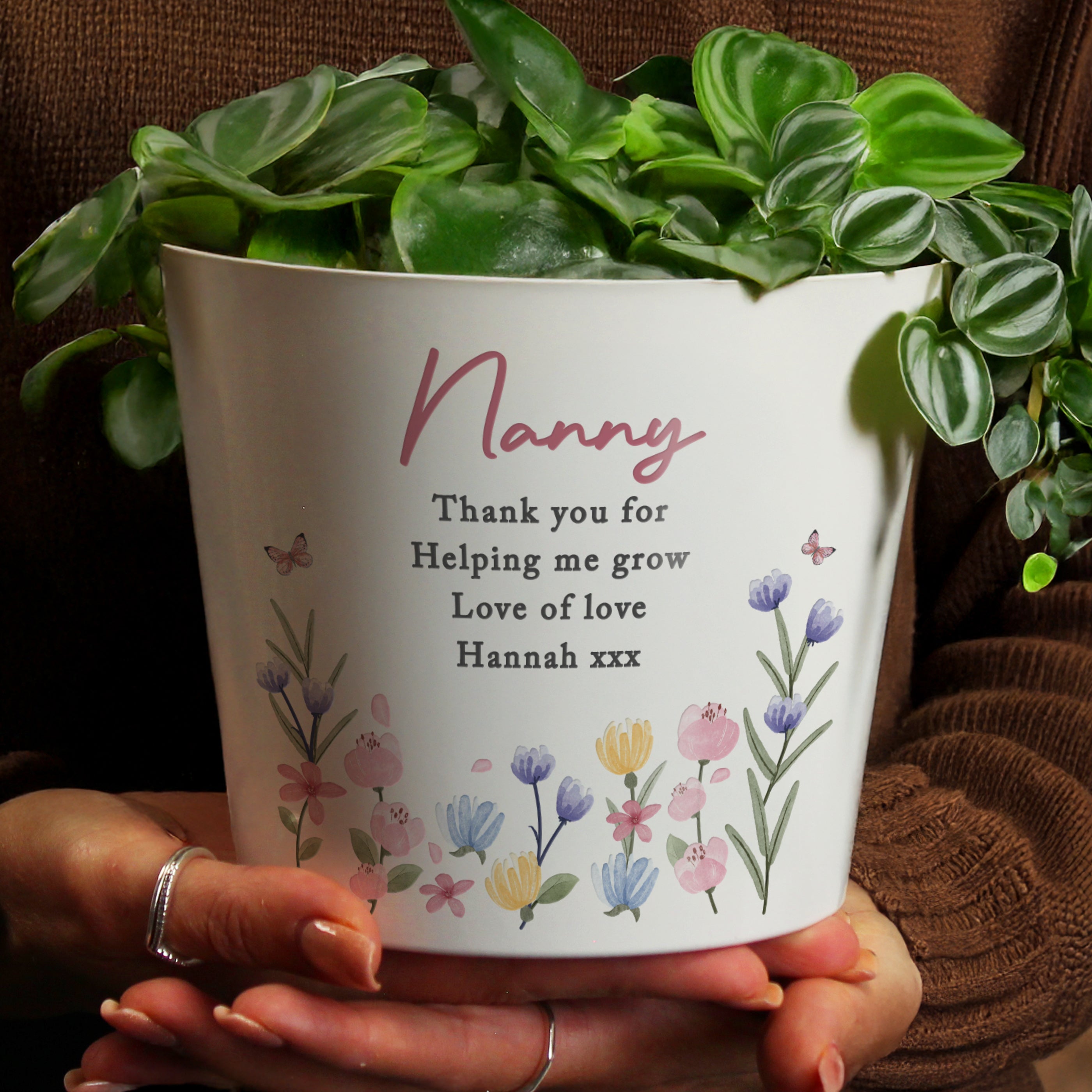 Custom floral ceramic plant pot personalised with name and message