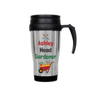 Travel mug with 'Ashley Head Gardener' text and gardening graphics on a white background