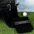  Black golf towel personalised with name in white embroidery