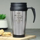 Custom golf travel mug featuring personalised name and message in uppercase