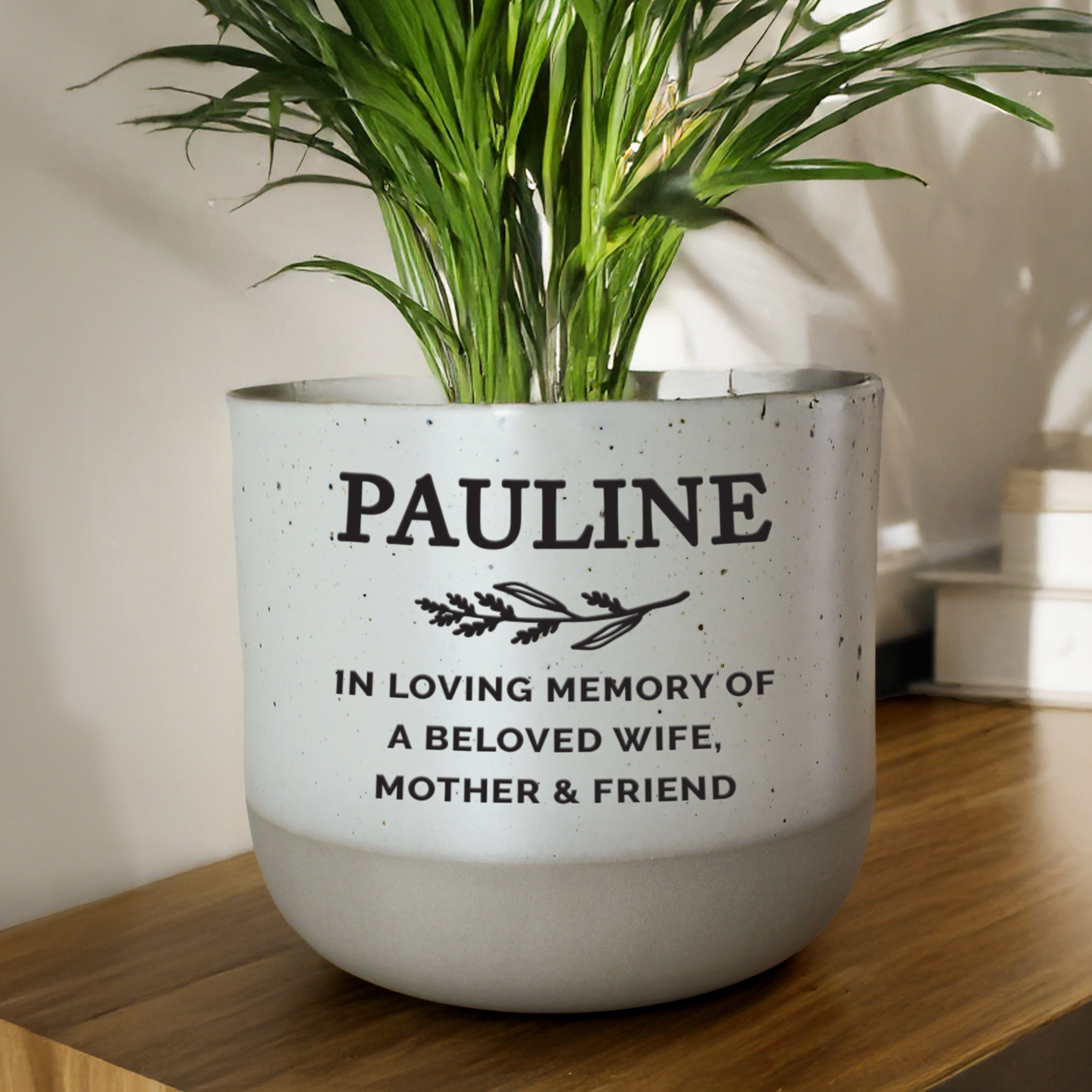 Custom memorial ceramic plant pot personalised in remembrance of a loved one