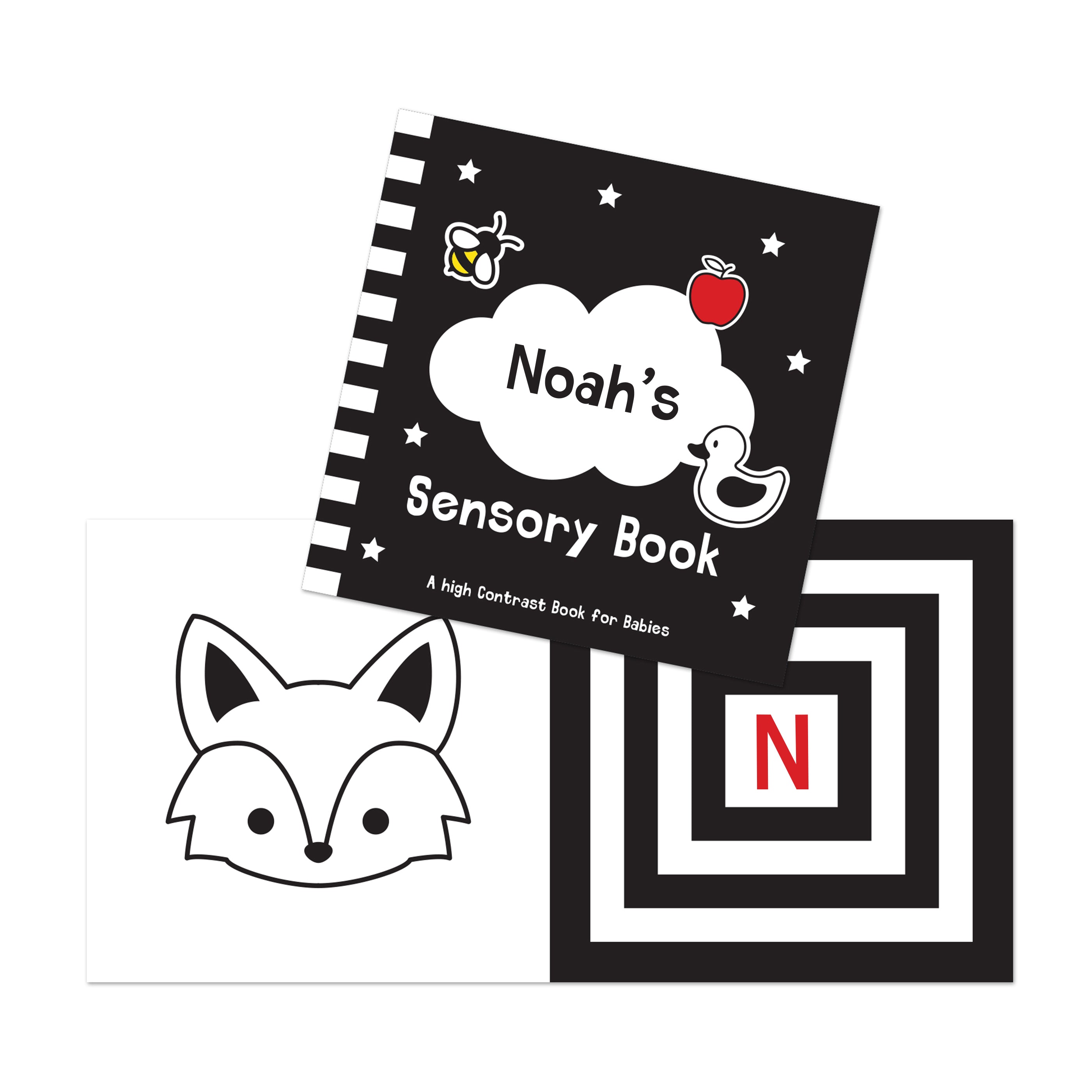 High contrast baby book with child’s name on cover