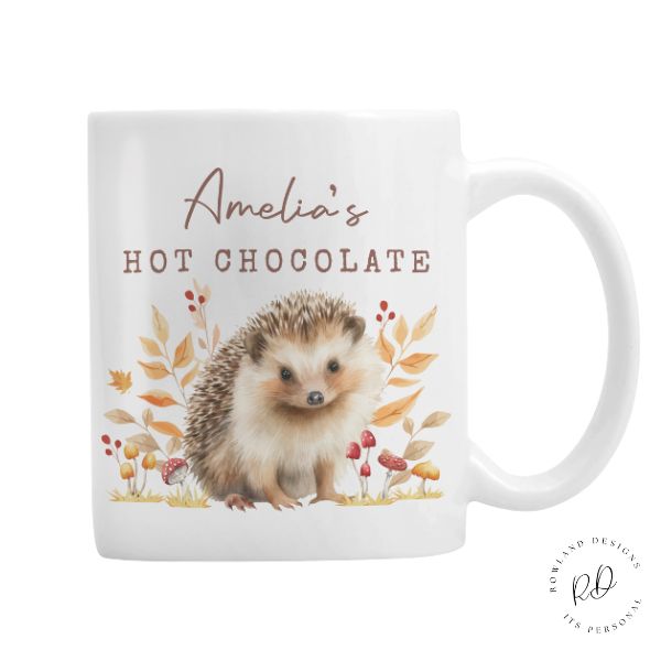 Custom name coffee mug with cute autumn hedgehog design, ceramic mug ideal for tea and coffee lovers