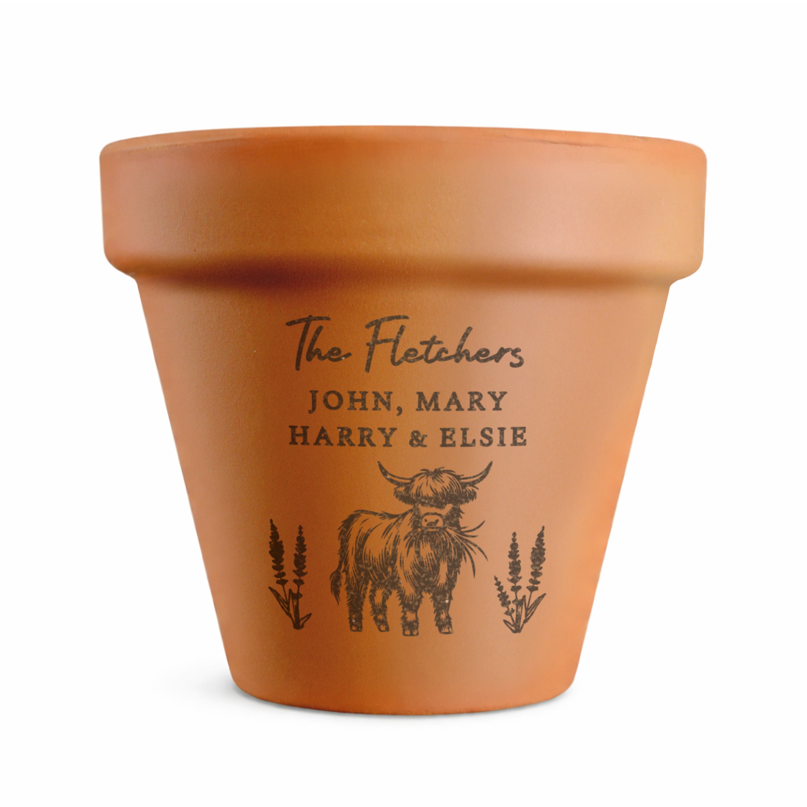 Engraved Highland Cow plant pot personalised as a gift for home or garden