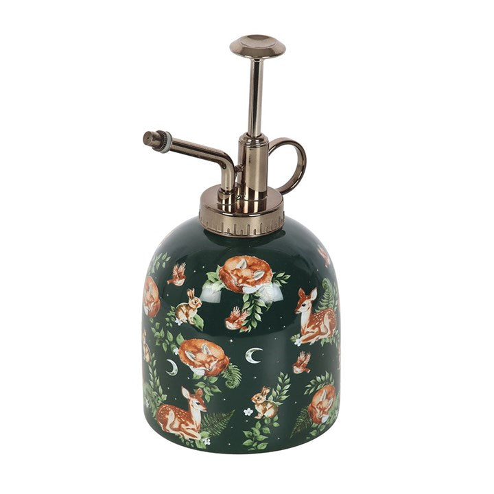 Angled view of ceramic mister with fawn and fox design
