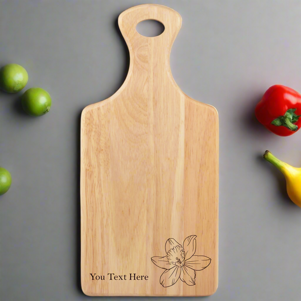 Floral personalised kitchen chopping board displayed as a rustic gift for nature lovers