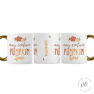 Halloween coffee mug featuring pumpkin spice design with gold handle