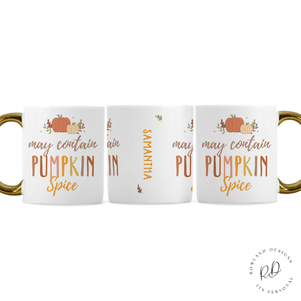 Halloween coffee mug featuring pumpkin spice design with gold handle