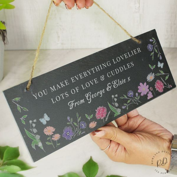 Hand-cut personalised wild flowers slate garden sign